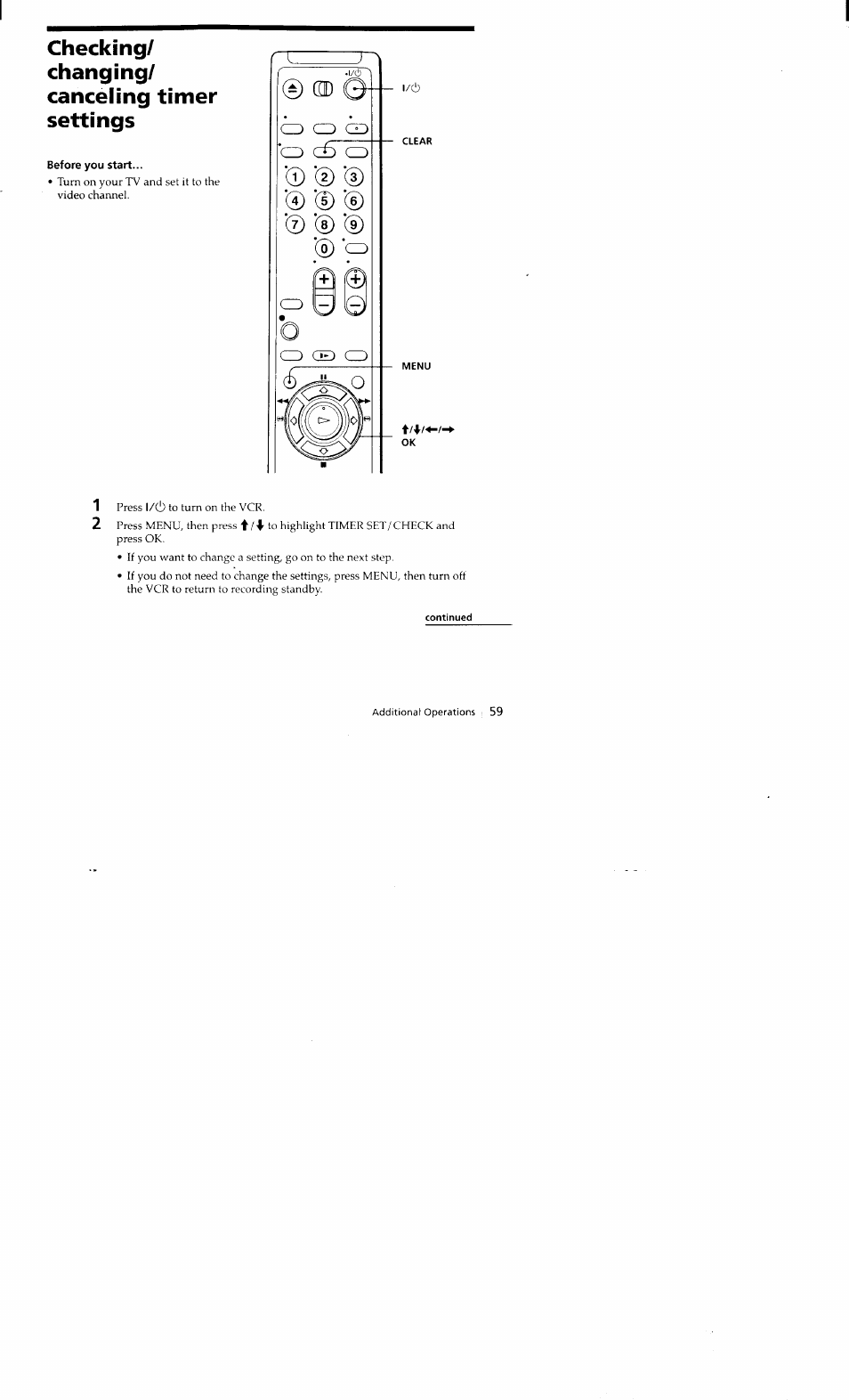 Before you start, Continued, Checking/ changing/ canceling timer settings | Sony SLV-662HF User Manual | Page 60 / 80