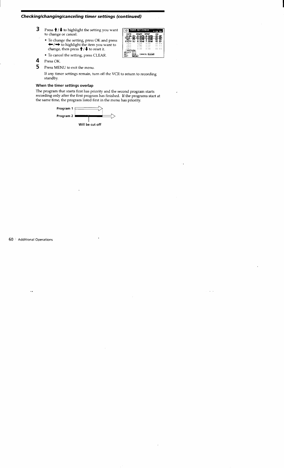 When the timer settings overlap, Program 1 program 2, Will be cut off | Sony SLV-662HF User Manual | Page 61 / 80