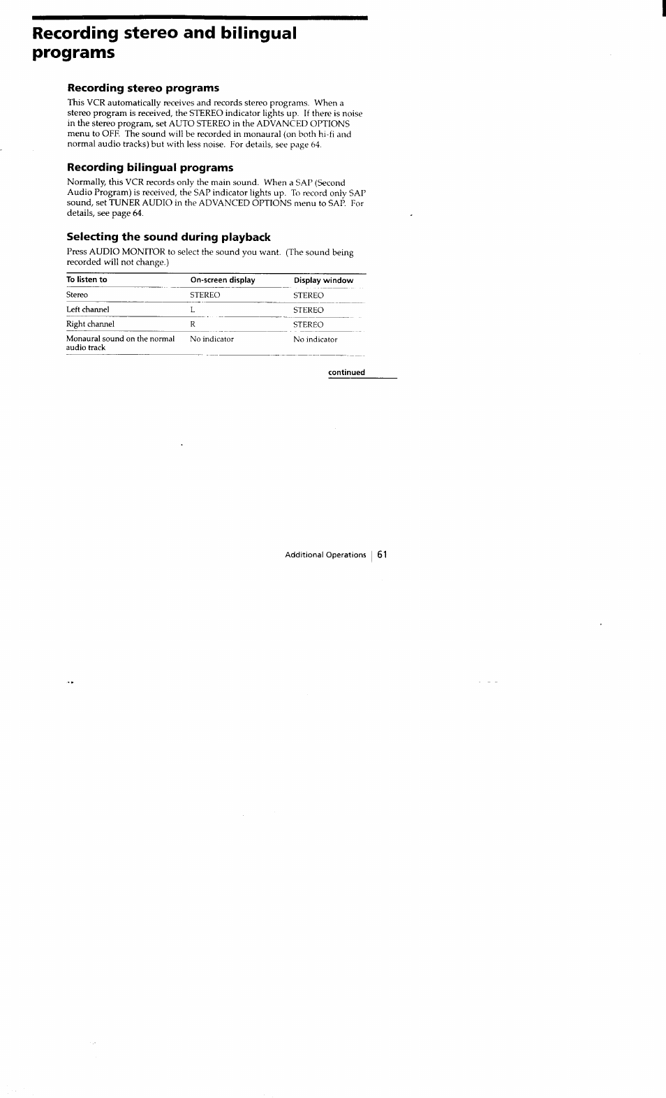 Recording stereo and bilingual programs, Recording stereo programs, Recording bilingual programs | Selecting the sound during playback | Sony SLV-662HF User Manual | Page 62 / 80