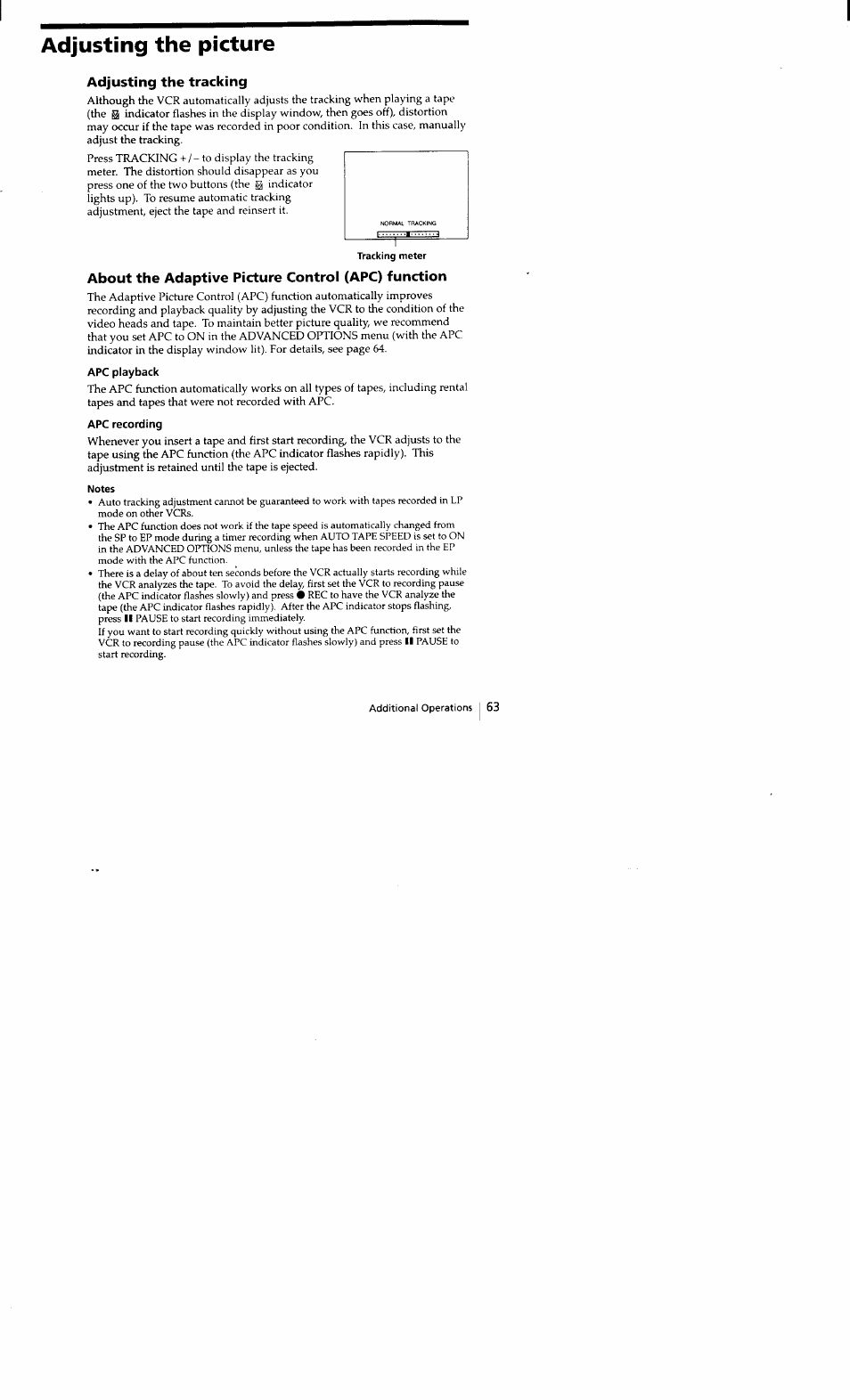Adjusting the picture, Adjusting the tracking, Tracking meter | About the adaptive picture control (apc) function, Apc playback, Apc recording, Notes | Sony SLV-662HF User Manual | Page 64 / 80