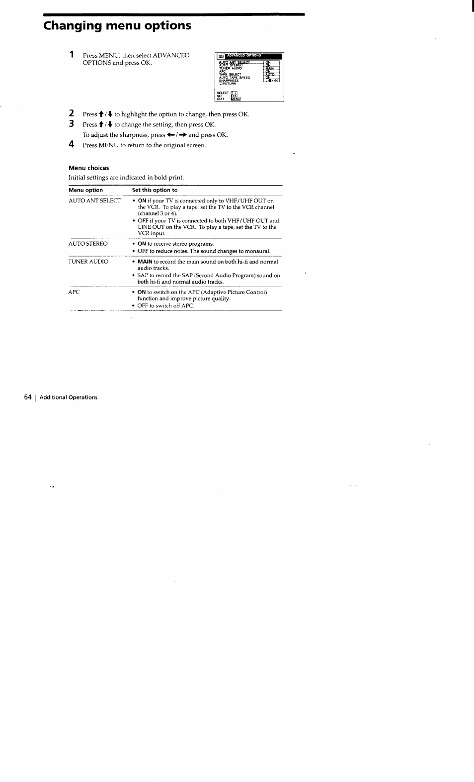 Changing menu options, Menu choices, Menu option | Set this option to | Sony SLV-662HF User Manual | Page 65 / 80
