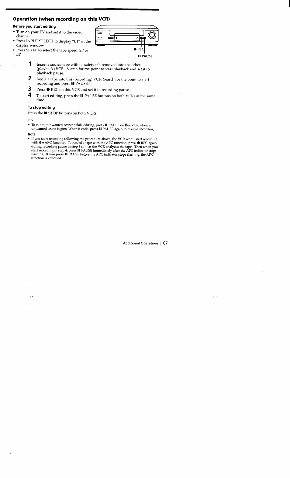 Operation (when recording on this vcr), Before you start editing, To stop editing | Sony SLV-662HF User Manual | Page 68 / 80