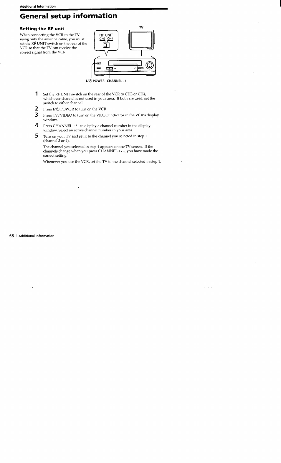 Additional information, General setup information, Setting the rf unit | L/cl) power channel | Sony SLV-662HF User Manual | Page 69 / 80