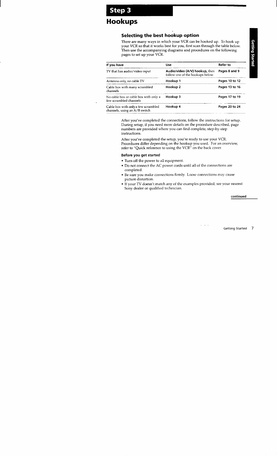 Step 3, Hookups, Selecting the best hookup option | Before you get started, Continued, Step 3 hookups | Sony SLV-662HF User Manual | Page 7 / 80