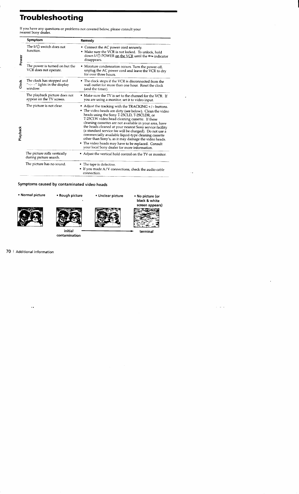 Troubleshooting, Symptom, Remedy | Symptoms caused by contaminated video heads, Normal picture • rough picture • unclear picture, No picture (or black & white screen appears), Initial, Contamination | Sony SLV-662HF User Manual | Page 71 / 80