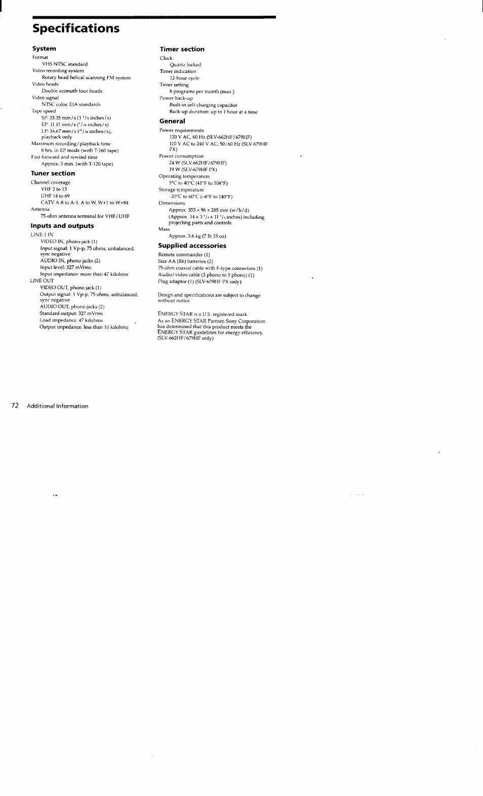 Specifications, System, Tuner section | Inputs and outputs, Timer section, General, Supplied accessories | Sony SLV-662HF User Manual | Page 73 / 80