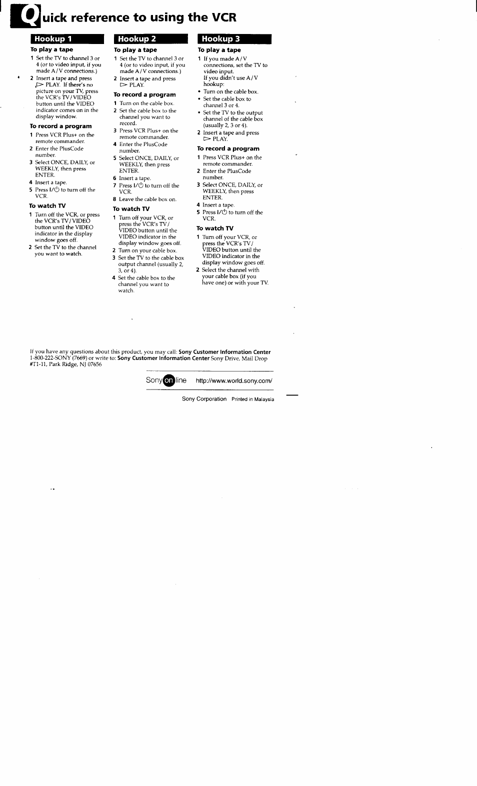 Uick reference to using the vcr, Hookup 1, To play a tape | To record a program, To watch tv, Sony^^line http, Hookup 2, Hookup 3 | Sony SLV-662HF User Manual | Page 80 / 80