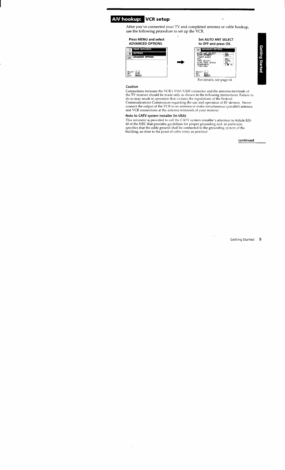 Press menu and select advanced options, Set auto ant selea to off and press ok, Caution | Continued, Hookup: vcr setup | Sony SLV-662HF User Manual | Page 9 / 80