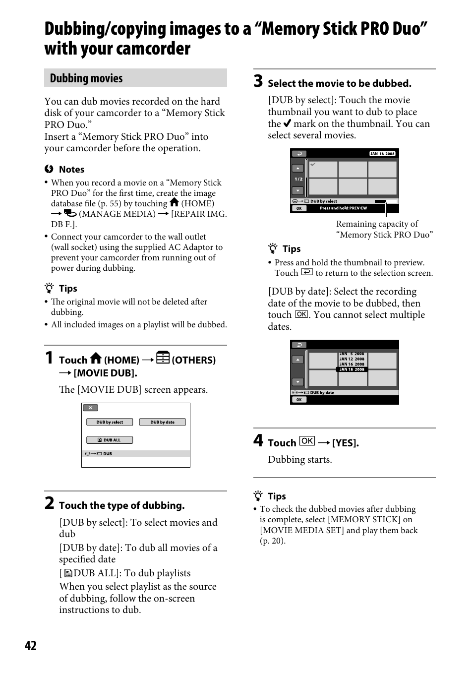 Dubbing movies | Sony DCR-SR220 User Manual | Page 42 / 111