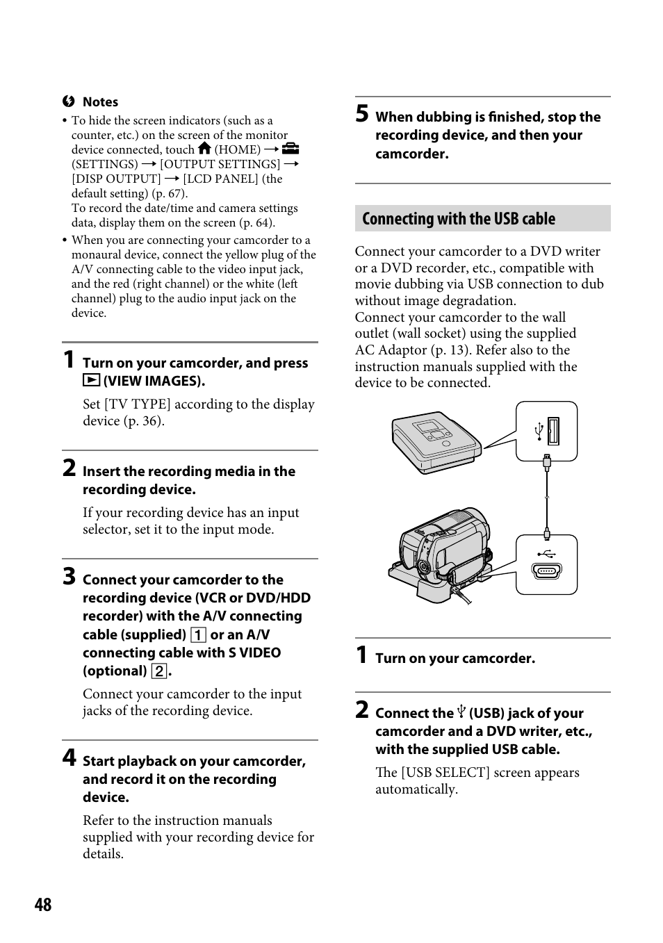 Connecting with the usb cable | Sony DCR-SR220 User Manual | Page 48 / 111