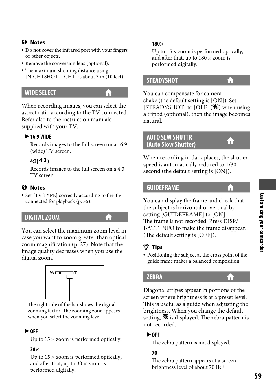 Wide select, Digital zoom, Steadyshot | Auto slw shuttr (auto slow shutter), Guideframe, Zebra | Sony DCR-SR220 User Manual | Page 59 / 111