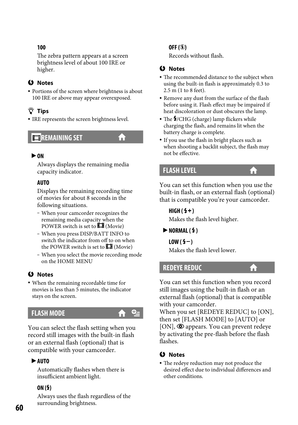 Remaining set, Flash mode, Flash level | Redeye reduc | Sony DCR-SR220 User Manual | Page 60 / 111