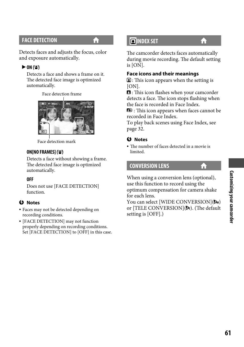 Face detection, Index set, Conversion lens | Sony DCR-SR220 User Manual | Page 61 / 111