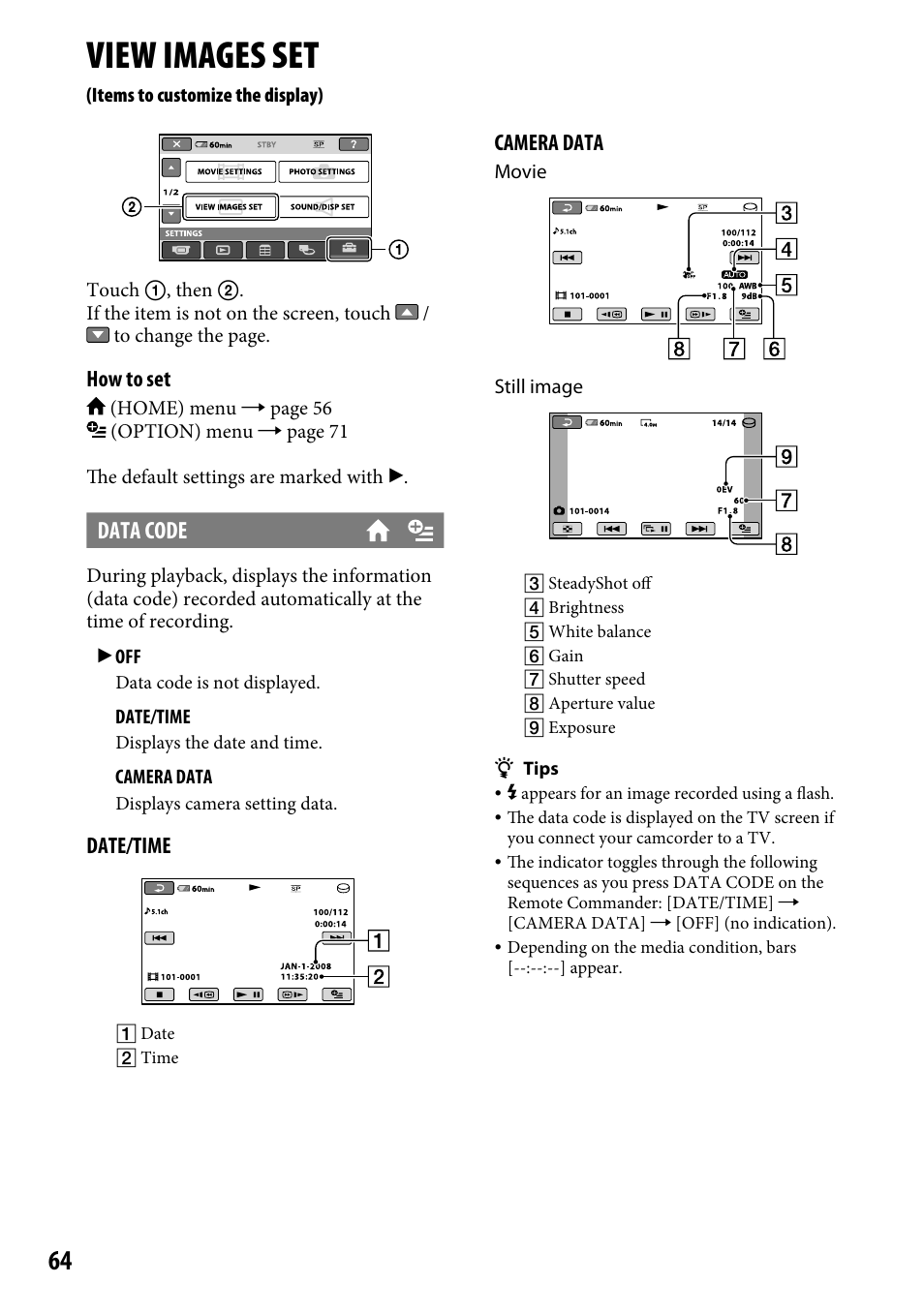 View images set (items to customize the display), View images set, Data code | Sony DCR-SR220 User Manual | Page 64 / 111
