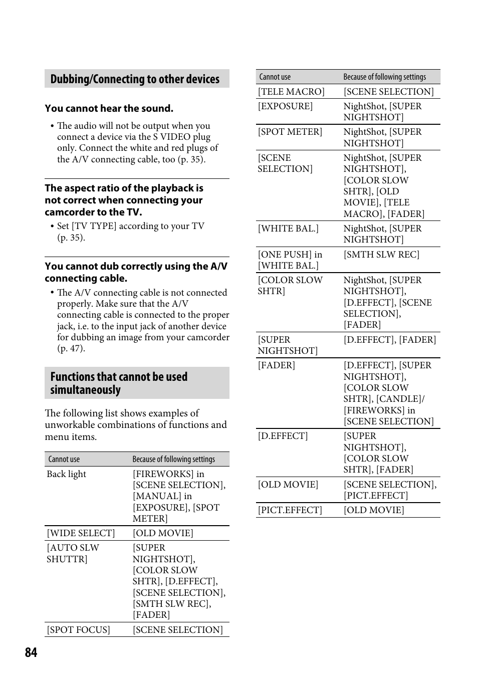 Dubbing/connecting to other devices, Functions that cannot be used simultaneously | Sony DCR-SR220 User Manual | Page 84 / 111