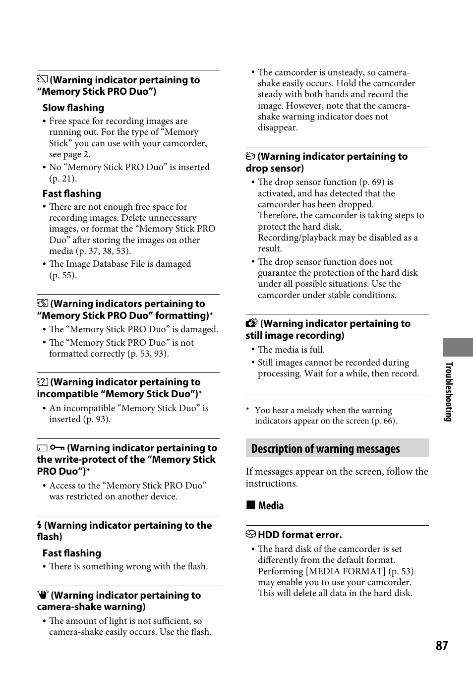 Description of warning messages, Media | Sony DCR-SR220 User Manual | Page 87 / 111