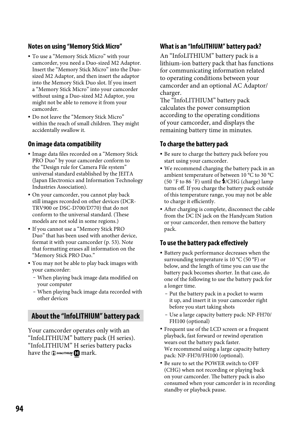 About the “infolithium” battery pack, On image data compatibility, What is an “infolithium” battery pack | Sony DCR-SR220 User Manual | Page 94 / 111