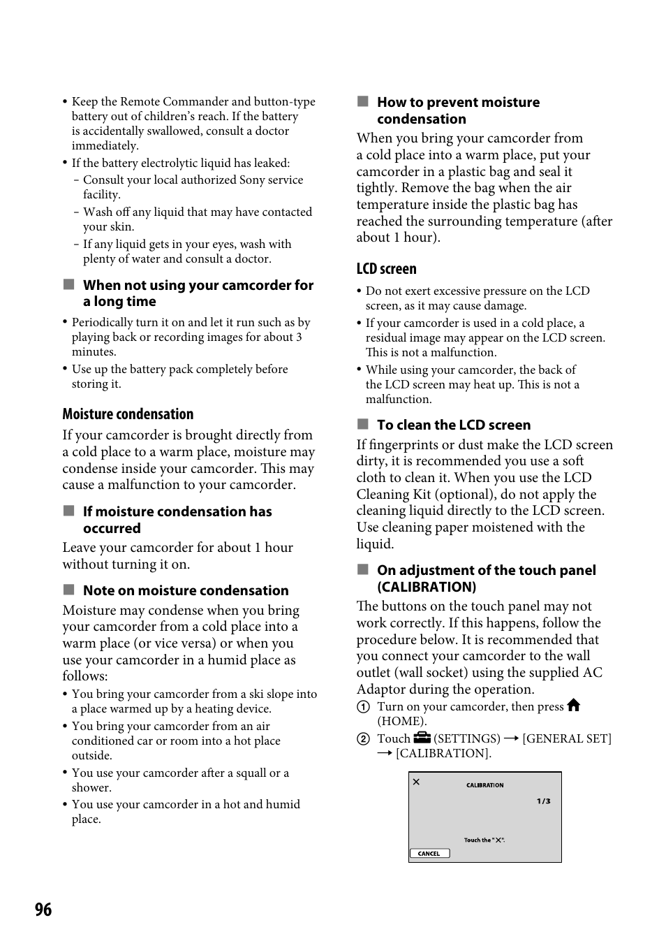 Moisture condensation, Lcd screen | Sony DCR-SR220 User Manual | Page 96 / 111