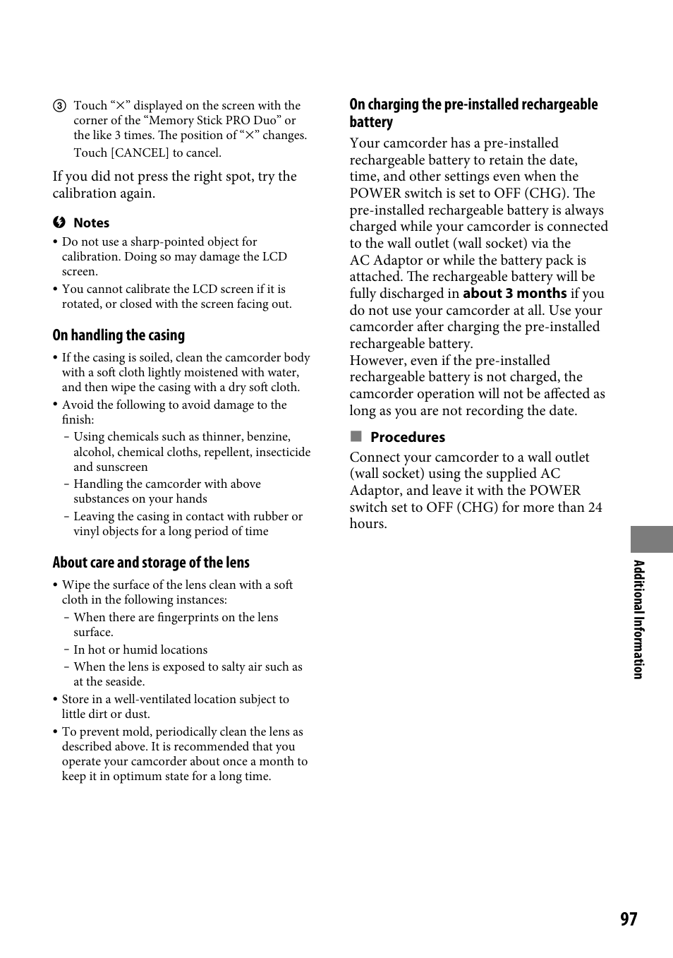On handling the casing, About care and storage of the lens, On charging the pre-installed rechargeable battery | Sony DCR-SR220 User Manual | Page 97 / 111
