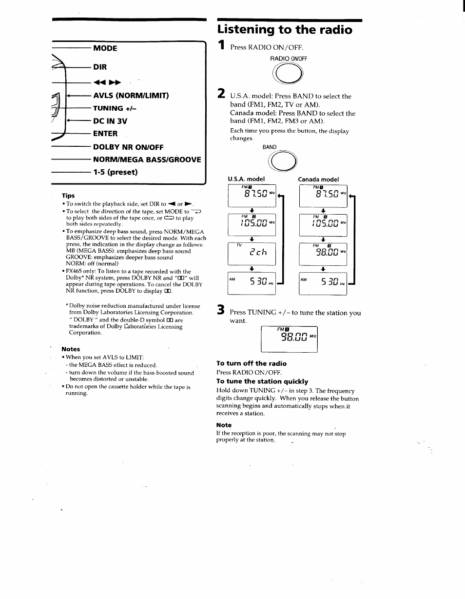 Avls (norm/limit), Tuning +/- dc in 3v enter, Listening to the radio | Tips, Notes, U.s.a. model, Canada model, To turn off the radio, To tune the station quickly, Note | Sony WM-FX465 User Manual | Page 3 / 6