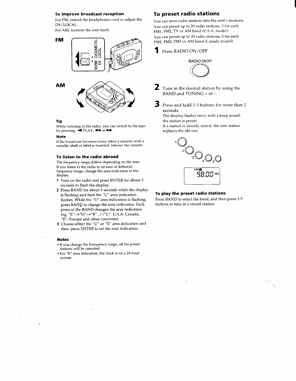 To improve broadcast reception, Note, To listen to the radio abroad | To play the preset radio stations, Notes | Sony WM-FX465 User Manual | Page 4 / 6