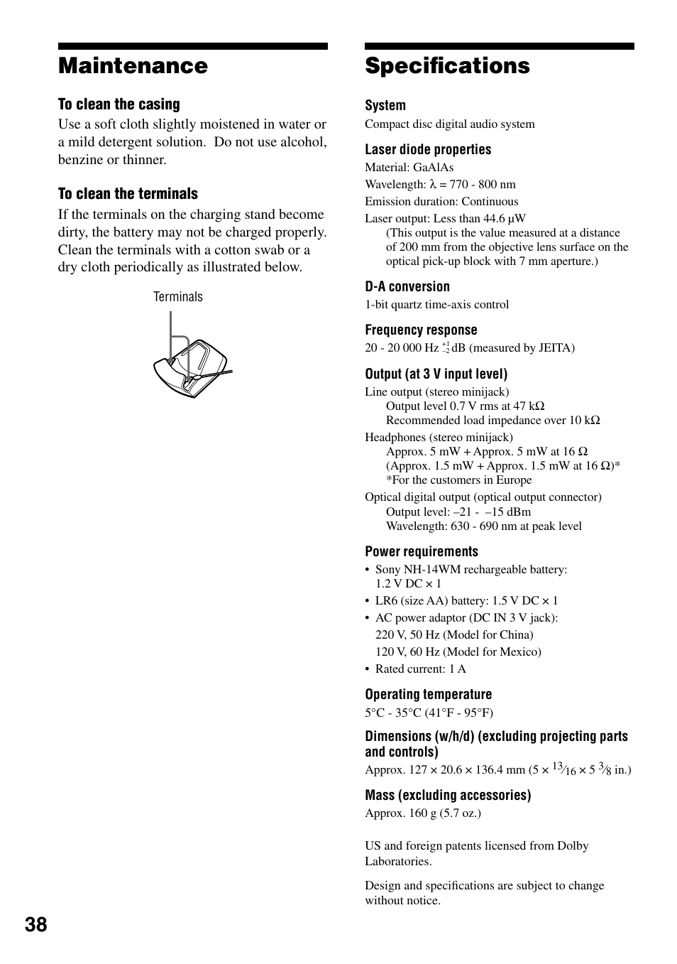 Maintenance, Specifications, Speciﬁcations | Sony D-NE920 User Manual | Page 38 / 43