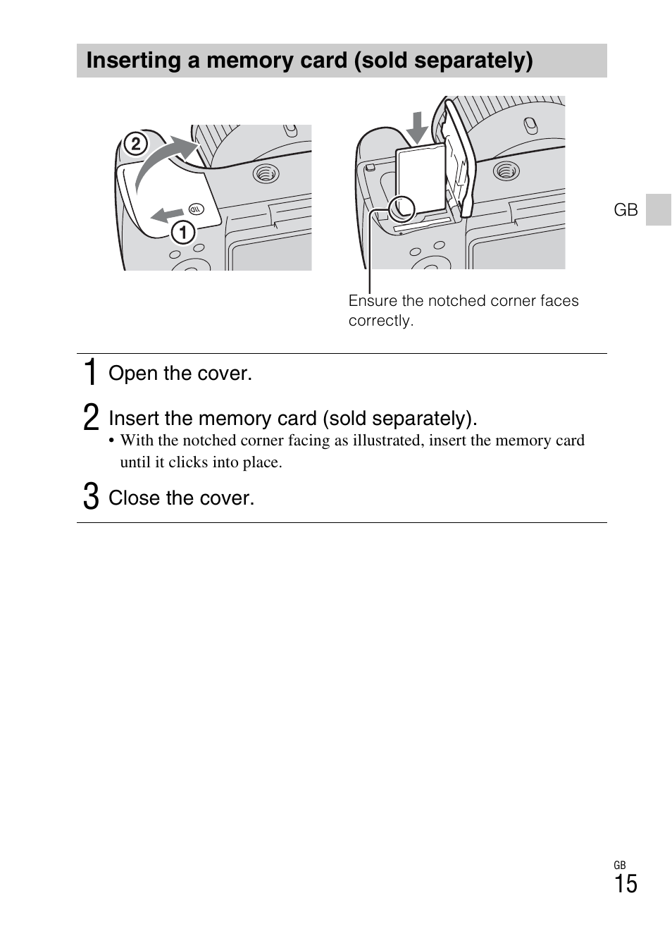 Inserting a memory card (sold separately) | Sony DSC-HX300 User Manual | Page 15 / 68