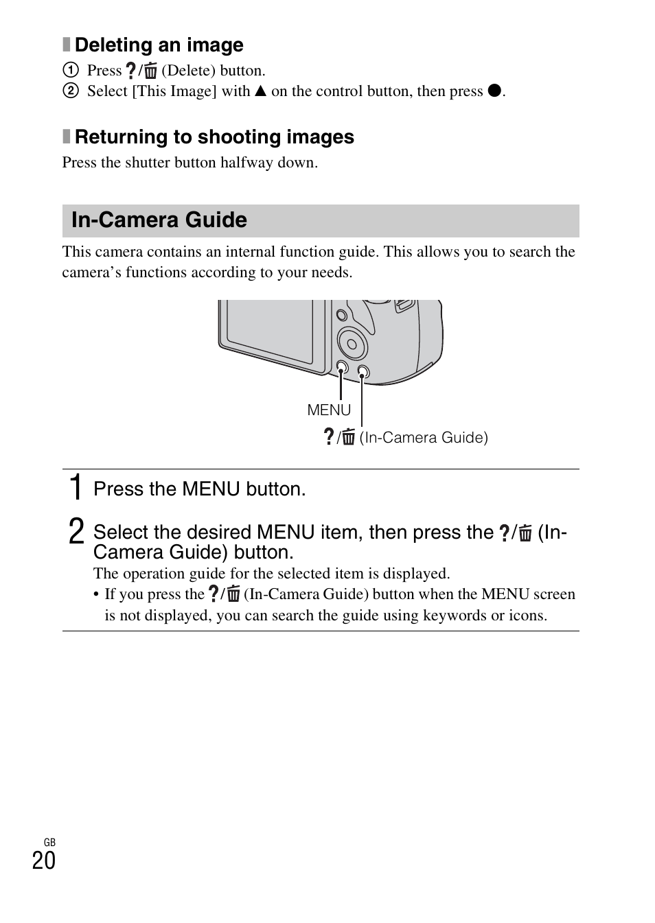 In-camera guide | Sony DSC-HX300 User Manual | Page 20 / 68