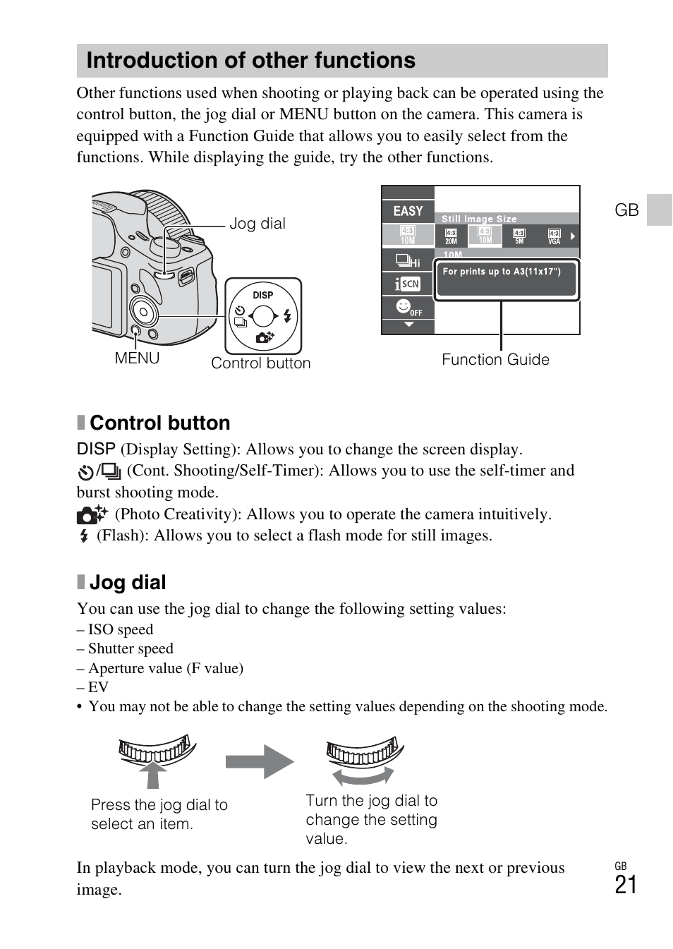 Introduction of other functions, Xcontrol button, Xjog dial | Sony DSC-HX300 User Manual | Page 21 / 68