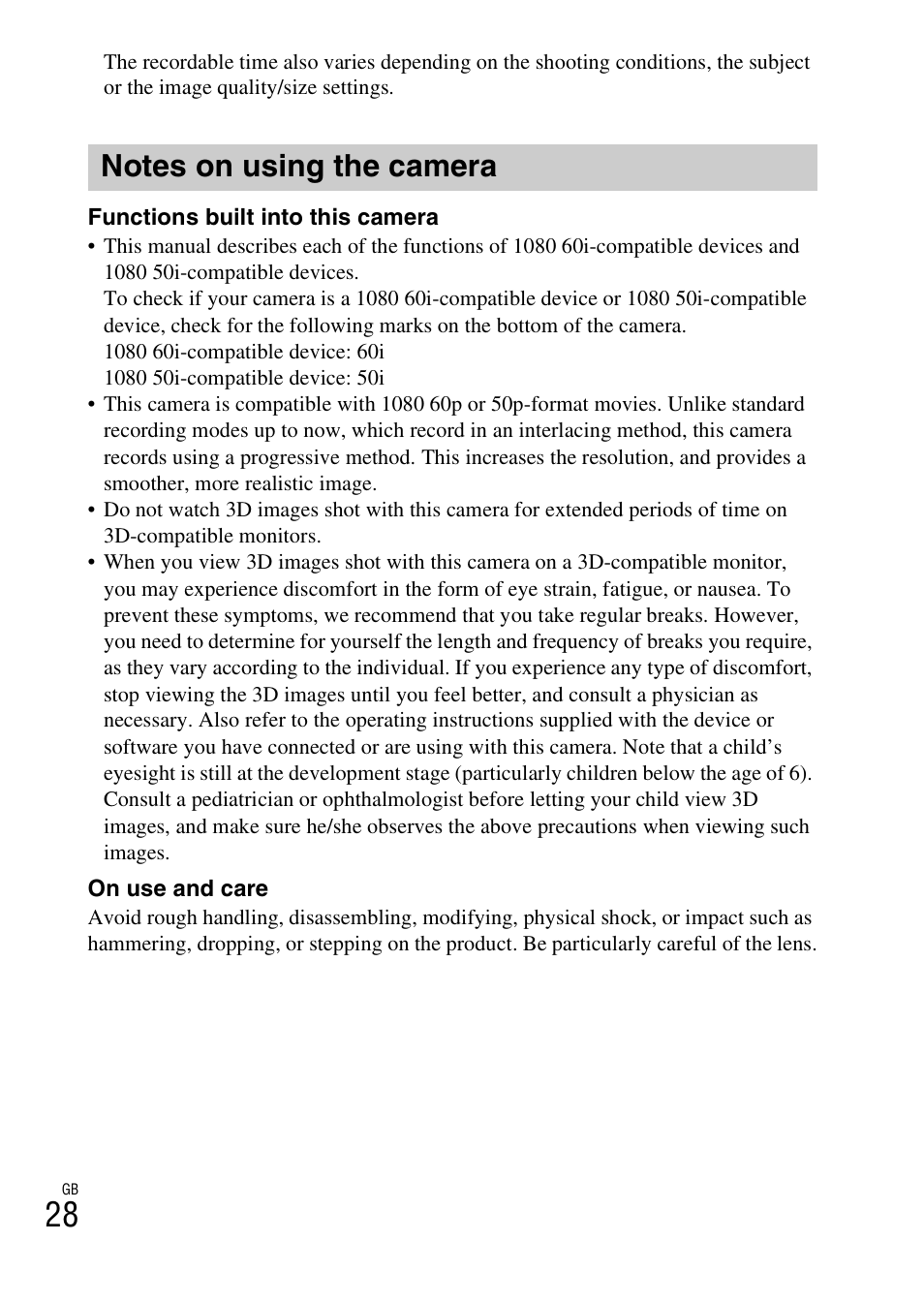 Notes on using the camera | Sony DSC-HX300 User Manual | Page 28 / 68