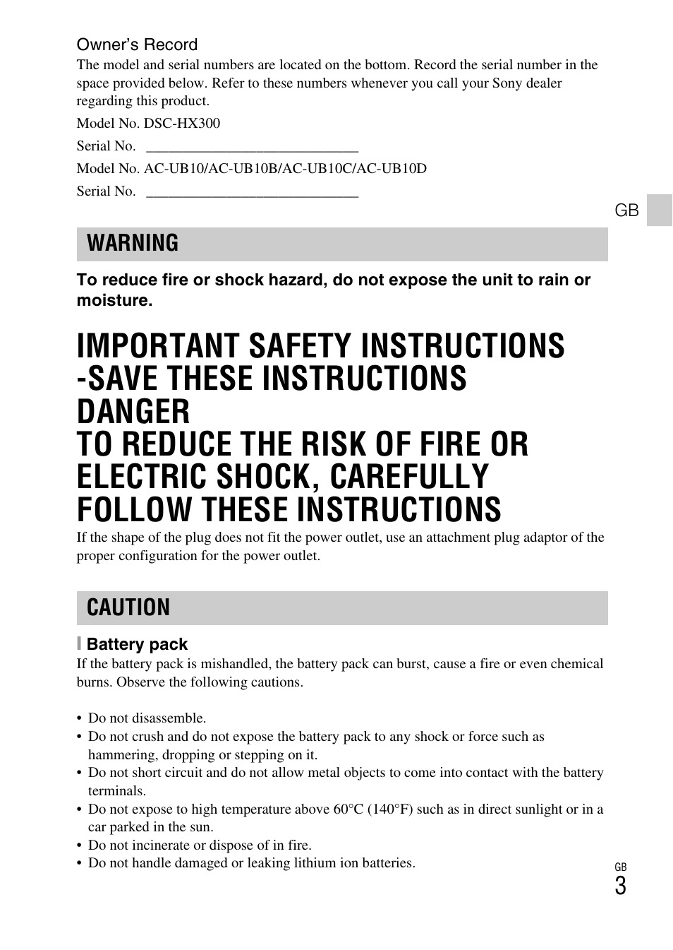 Warning caution | Sony DSC-HX300 User Manual | Page 3 / 68