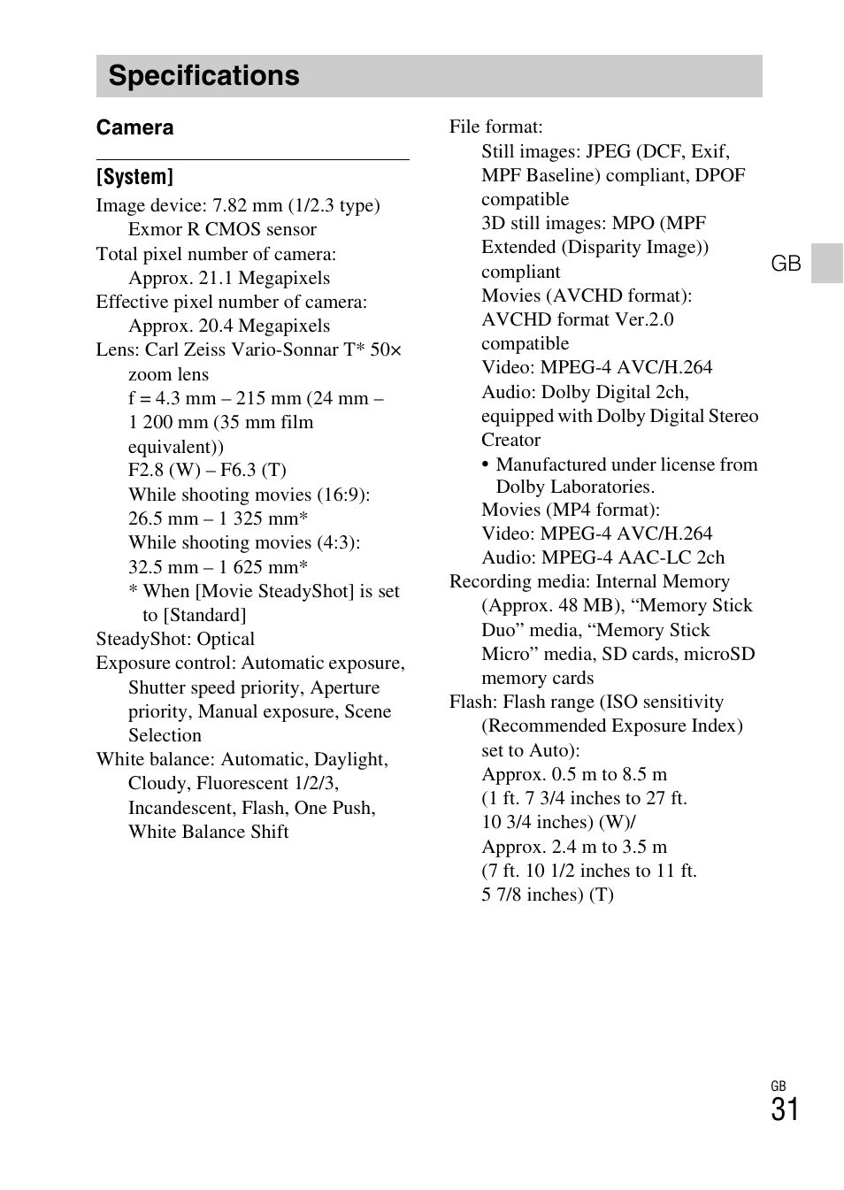 Specifications | Sony DSC-HX300 User Manual | Page 31 / 68