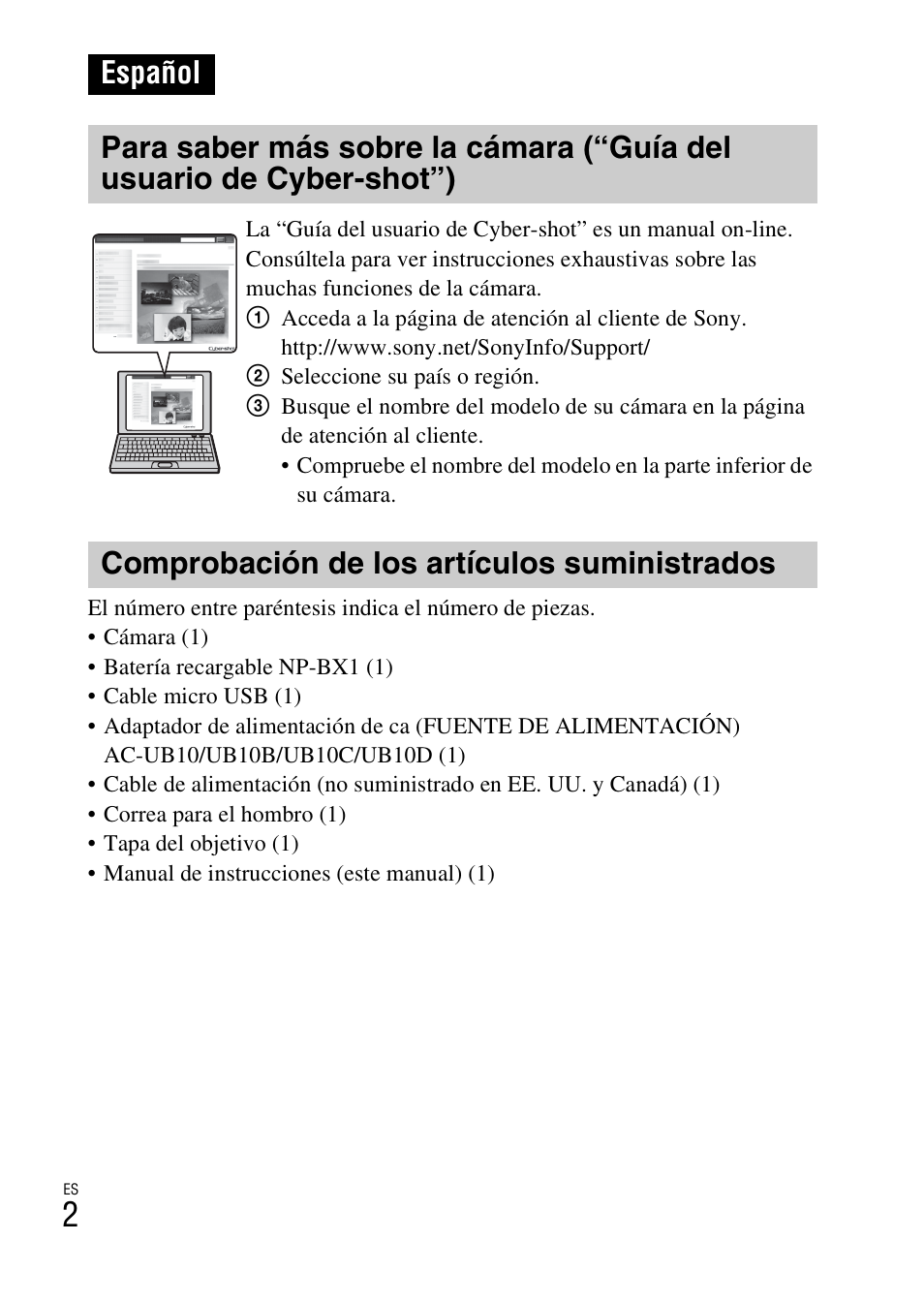 Español, Comprobación de los artículos suministrados | Sony DSC-HX300 User Manual | Page 34 / 68