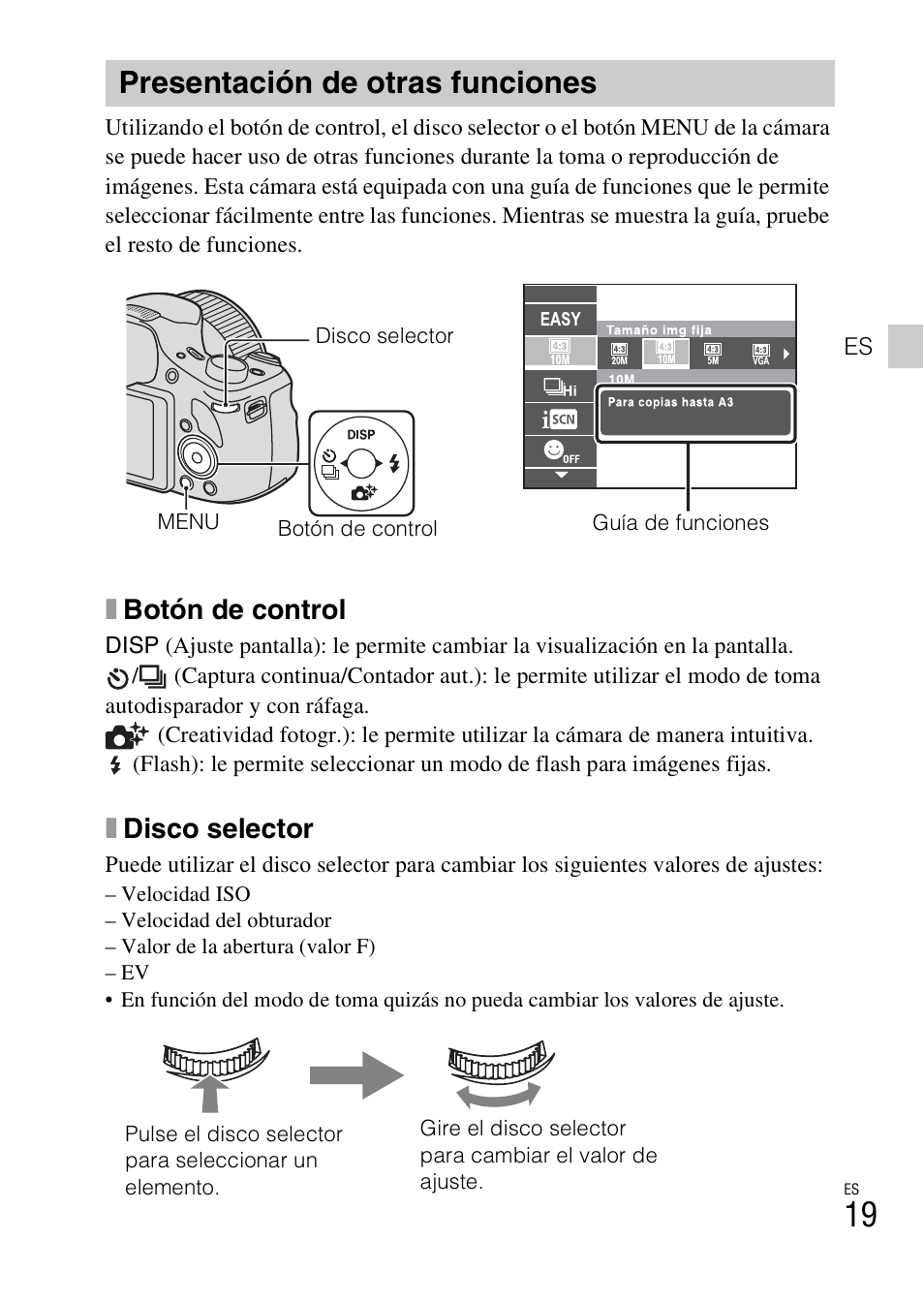 Presentación de otras funciones, Xbotón de control, Xdisco selector | Sony DSC-HX300 User Manual | Page 51 / 68