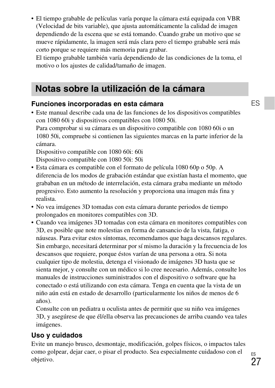 Notas sobre la utilización de la cámara | Sony DSC-HX300 User Manual | Page 59 / 68