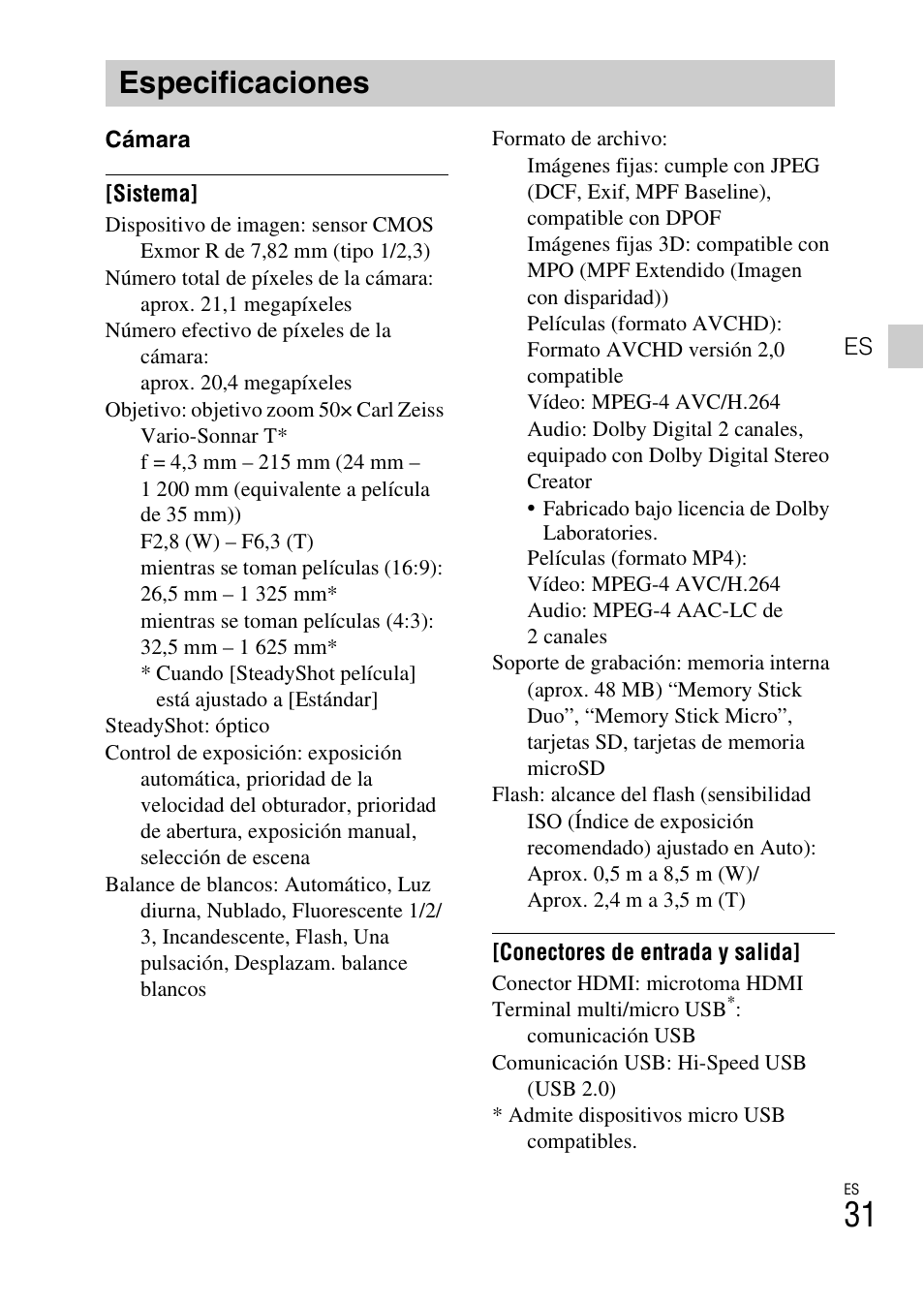 Especificaciones | Sony DSC-HX300 User Manual | Page 63 / 68
