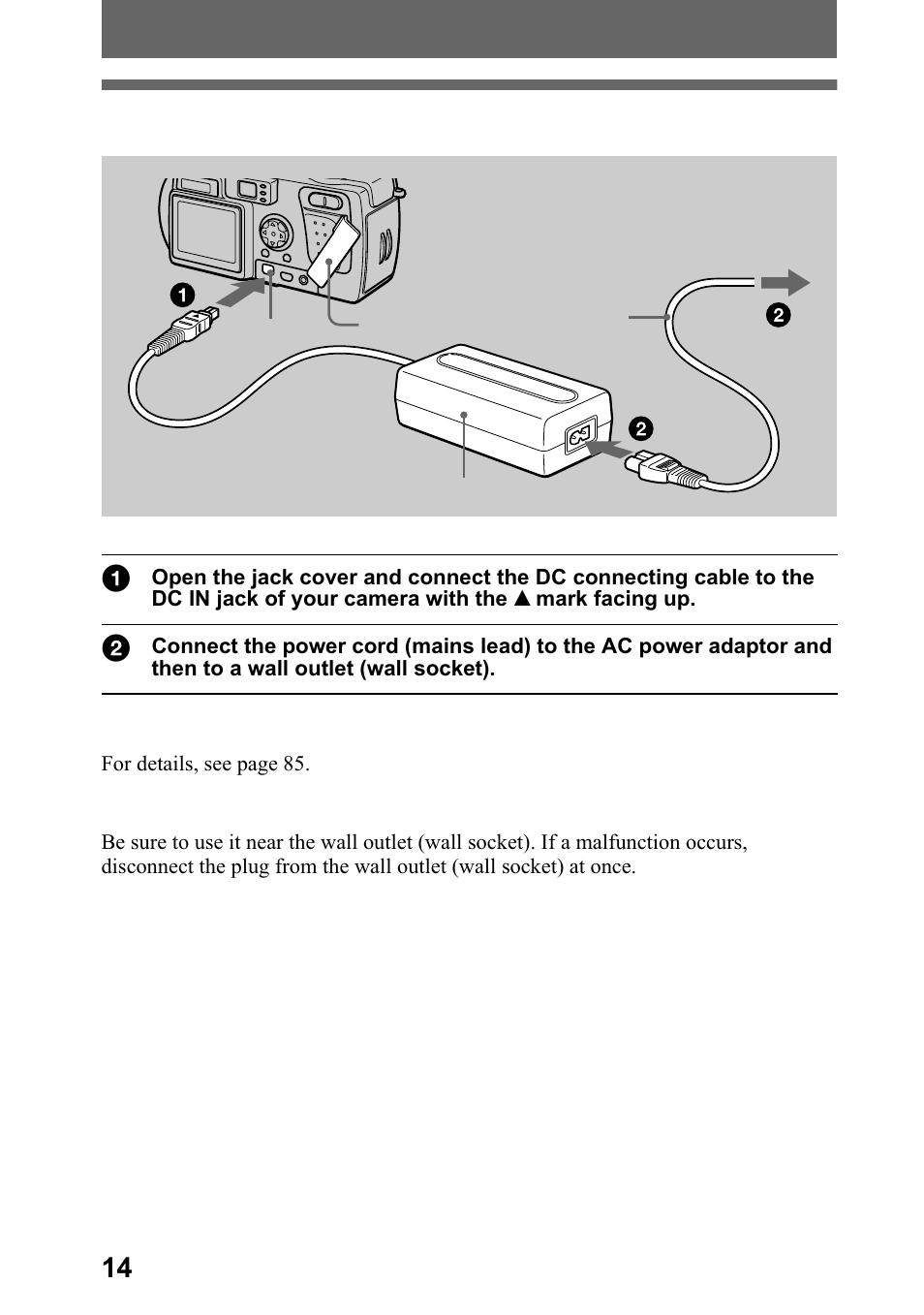 Using the ac power adaptor | Sony DSC-P5 User Manual | Page 14 / 100