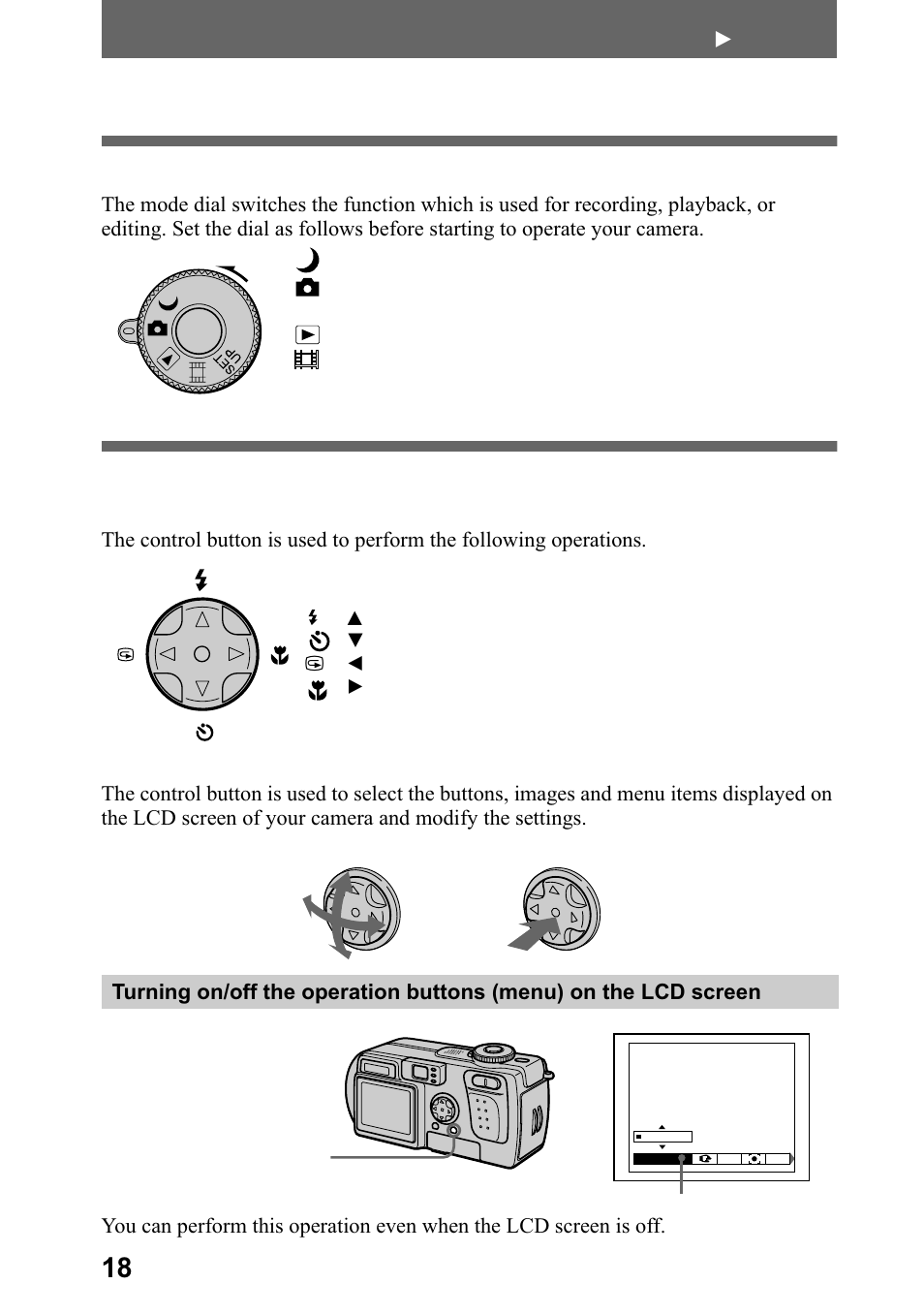 Basic operations, B recording, How to use the mode dial | How to use the control button | Sony DSC-P5 User Manual | Page 18 / 100