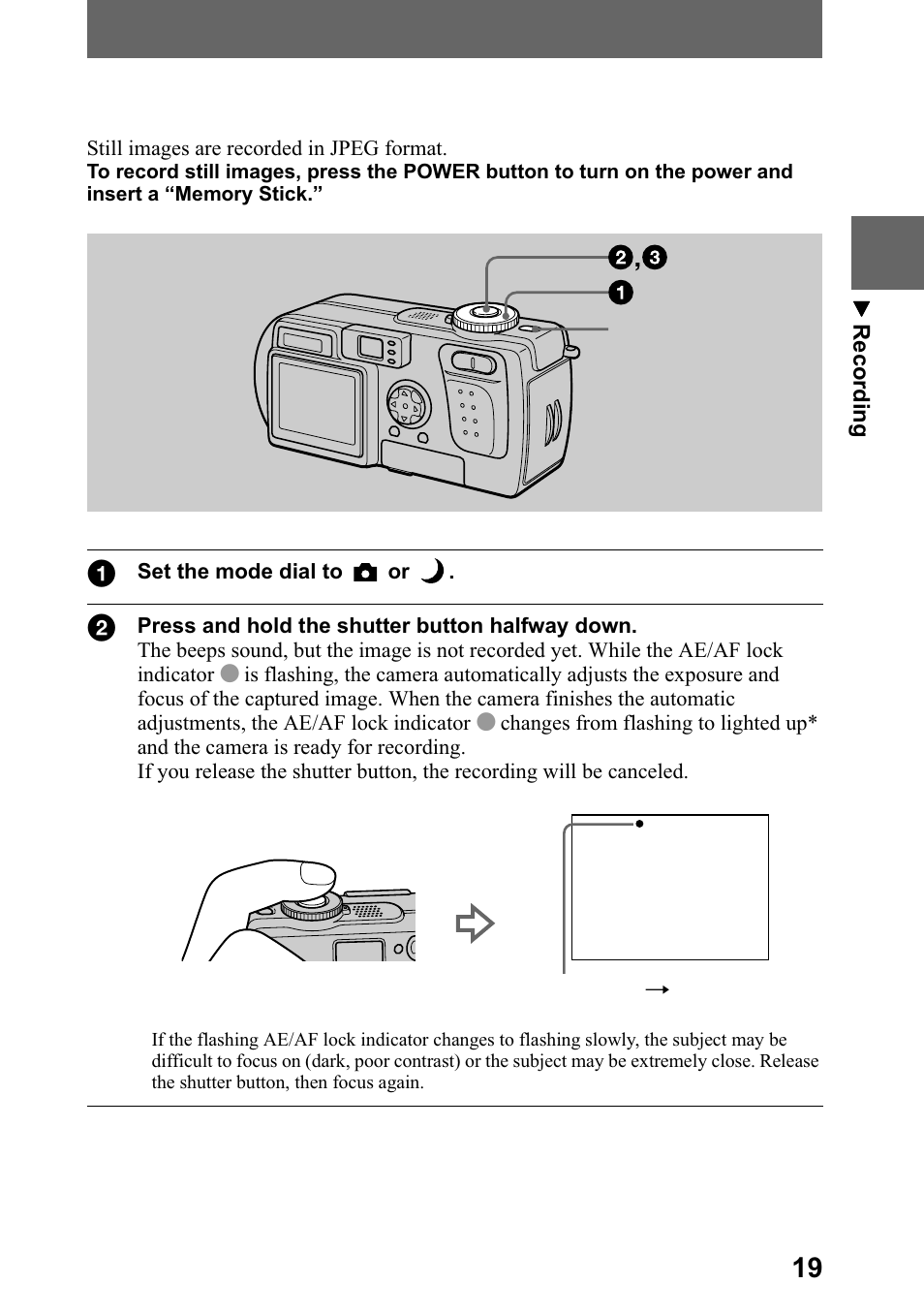 Recording still images, 5hfruglqj vwloo lpdjhv, Sdjh | Sony DSC-P5 User Manual | Page 19 / 100