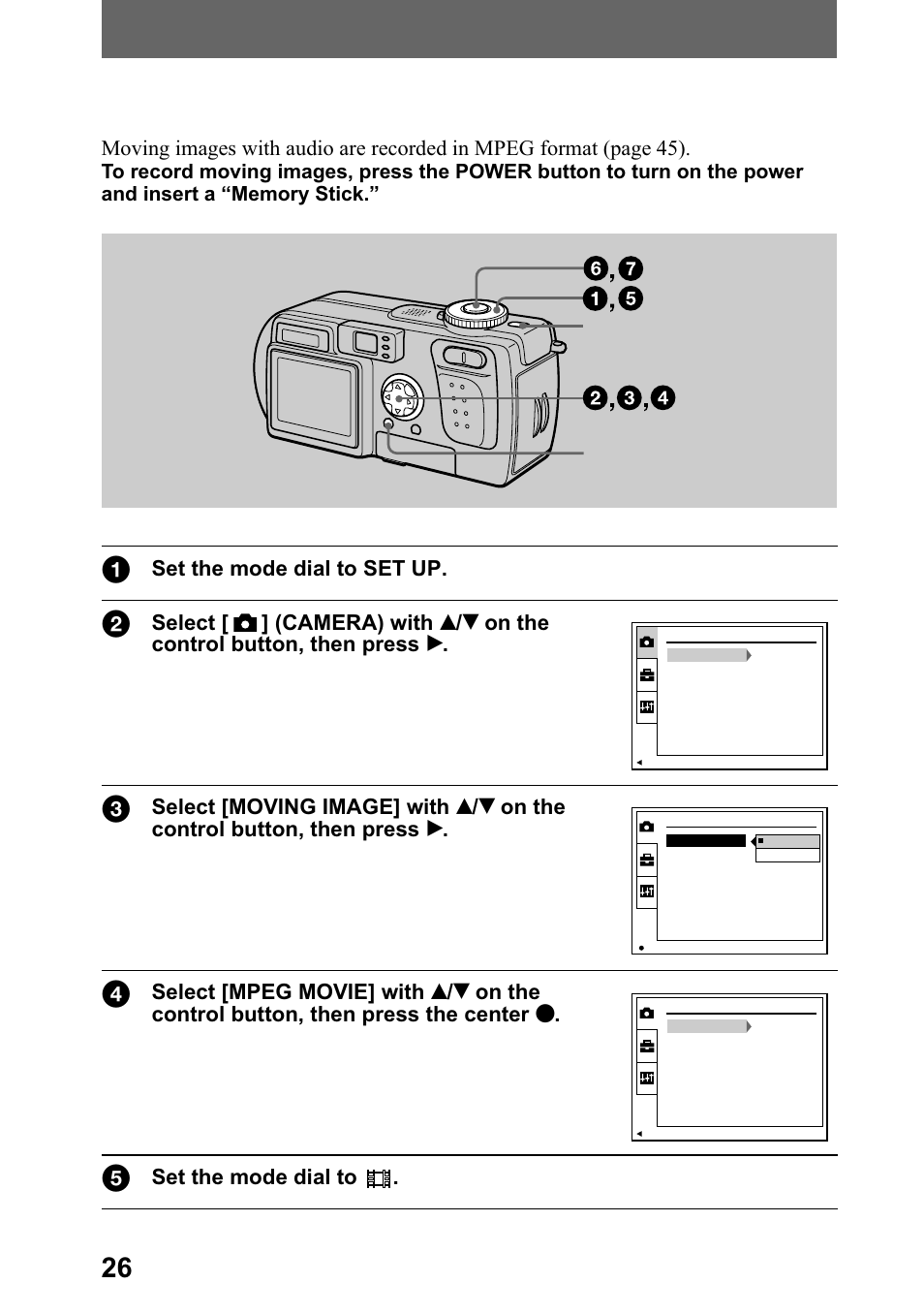 Recording moving images, Sdjh, 5hfruglqj prylqj lpdjhv | Sony DSC-P5 User Manual | Page 26 / 100