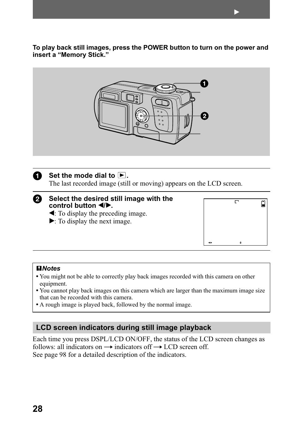 B playback, Playing back still images, 3od\lqj edfn vwloo lpdjhv | Sdjh, Es 28 | Sony DSC-P5 User Manual | Page 28 / 100