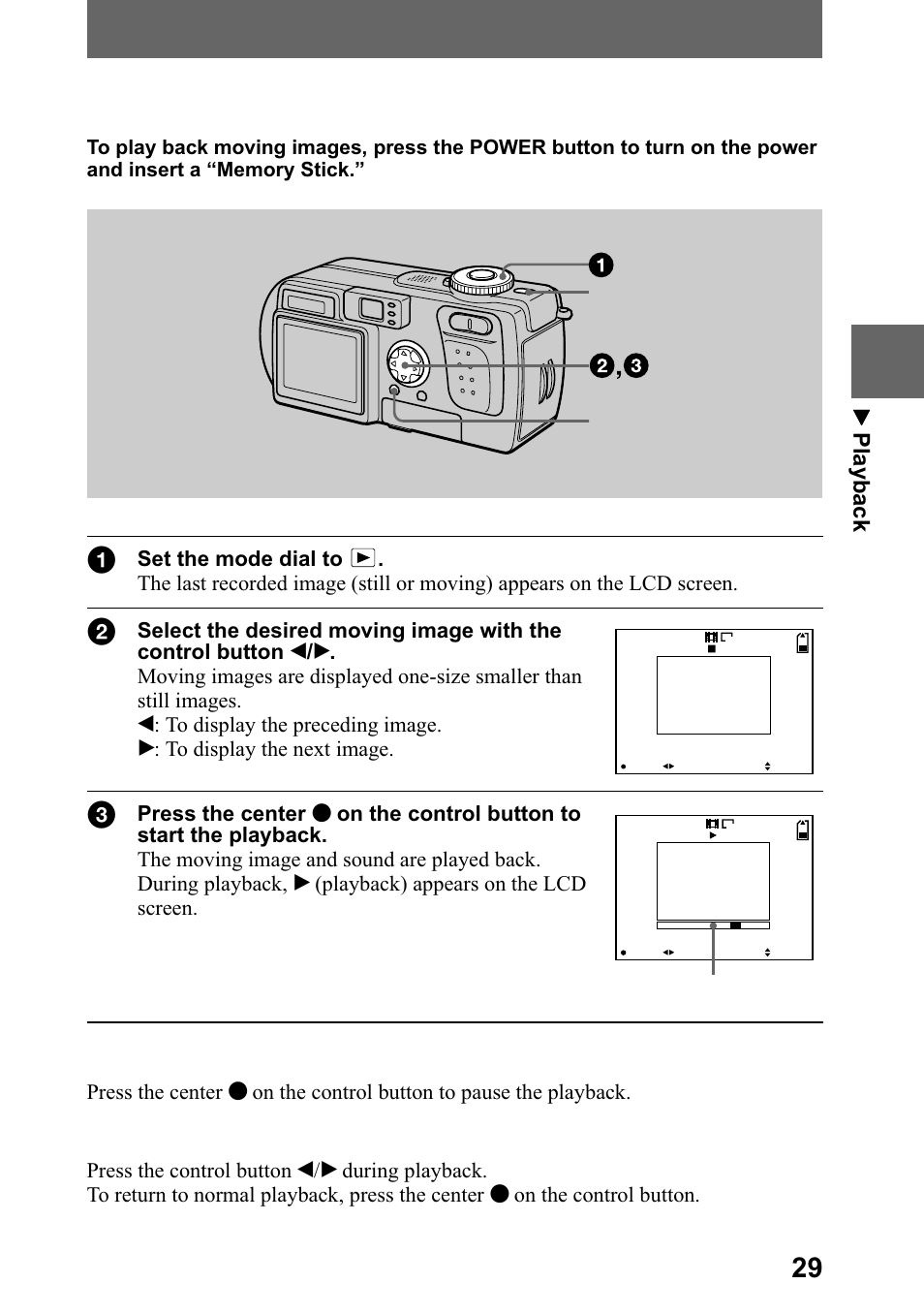 Playing back moving images, 3od\lqj edfn prylqj lpdjhv | Sony DSC-P5 User Manual | Page 29 / 100