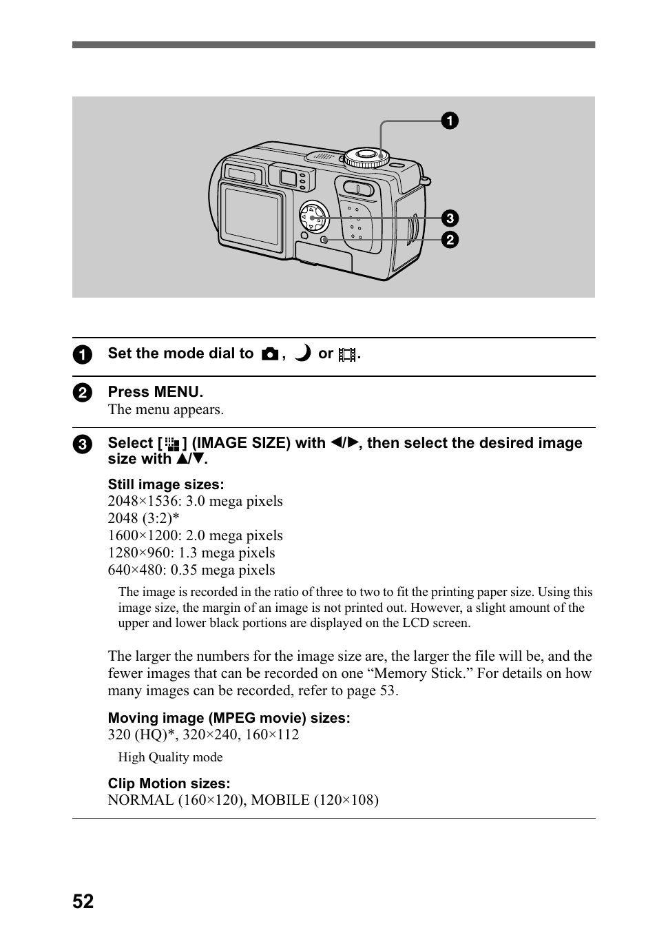 Setting the image size (image size), 6hwwlqj wkh lpdjh vl]h, Sdjh | Vhh ³6hwwlqj wkh lpdjh vl]h ,0$*( 6,=( ´ rq, Setting the image size (image size) 1 | Sony DSC-P5 User Manual | Page 52 / 100