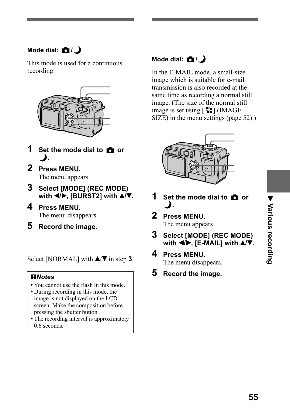 Recording two images continuously, Recording still images for e-mail (e�mail), 5hfruglqj vwloo lpdjhv iru hpdlo (0 | Sdjh, 5hfruglqj wzr lpdjhv, Frqwlqxrxvo, 5hfruglqj vwloo lpdjhv iru hpdlo, Recording still images for e-mail (e-mail) | Sony DSC-P5 User Manual | Page 55 / 100