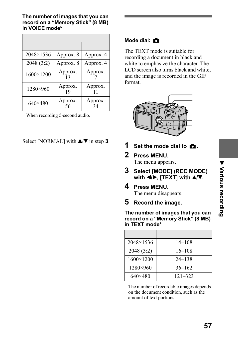 Recording text documents (text), 5hfruglqj wh[w grfxphqwv 7(;7  sdjh, 5hfruglqj wh[w grfxphqwv | Sdjh | Sony DSC-P5 User Manual | Page 57 / 100