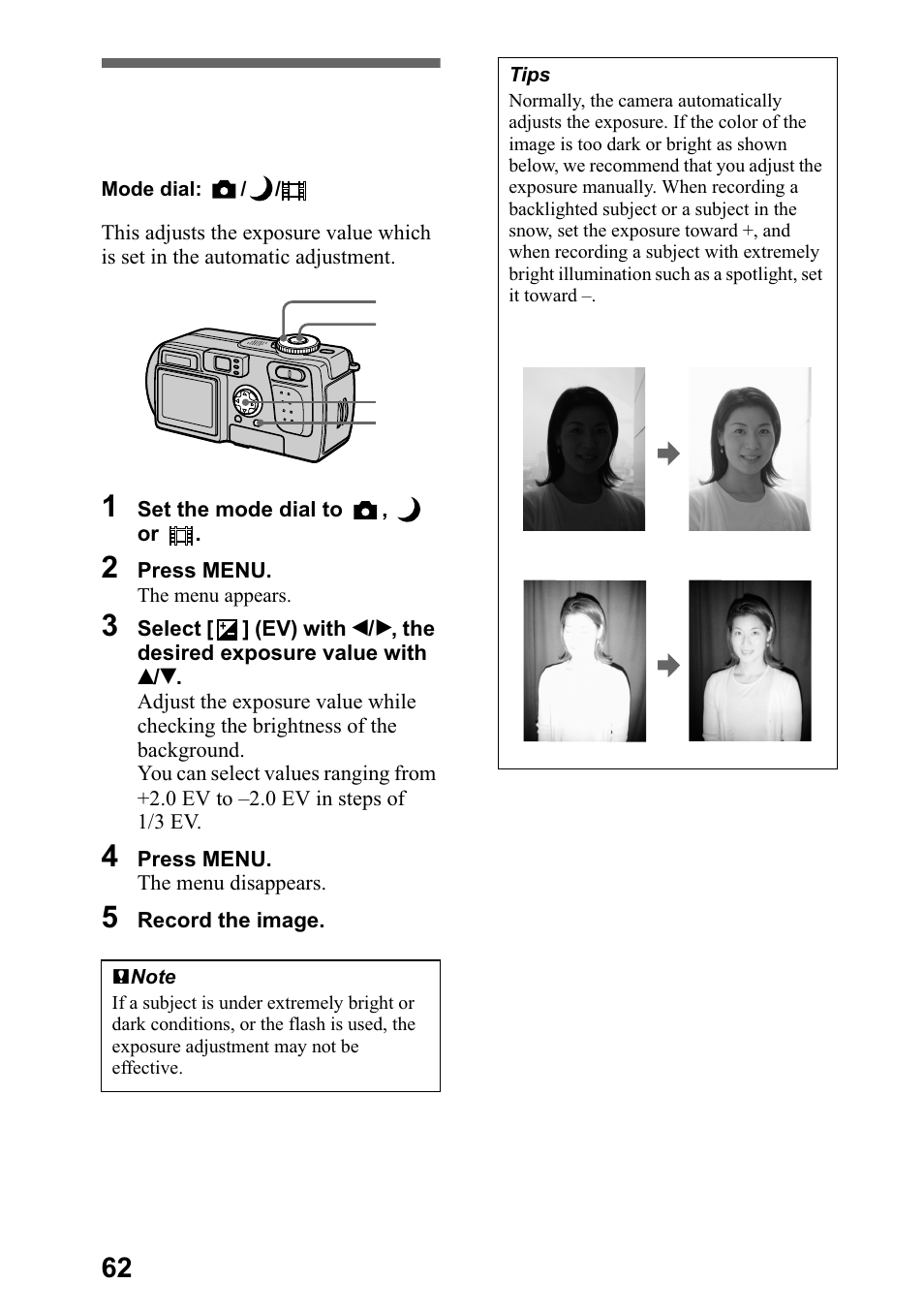 Adjusting the exposure (exposure), Gmxvwlqj wkh h[srvxuh | Sony DSC-P5 User Manual | Page 62 / 100