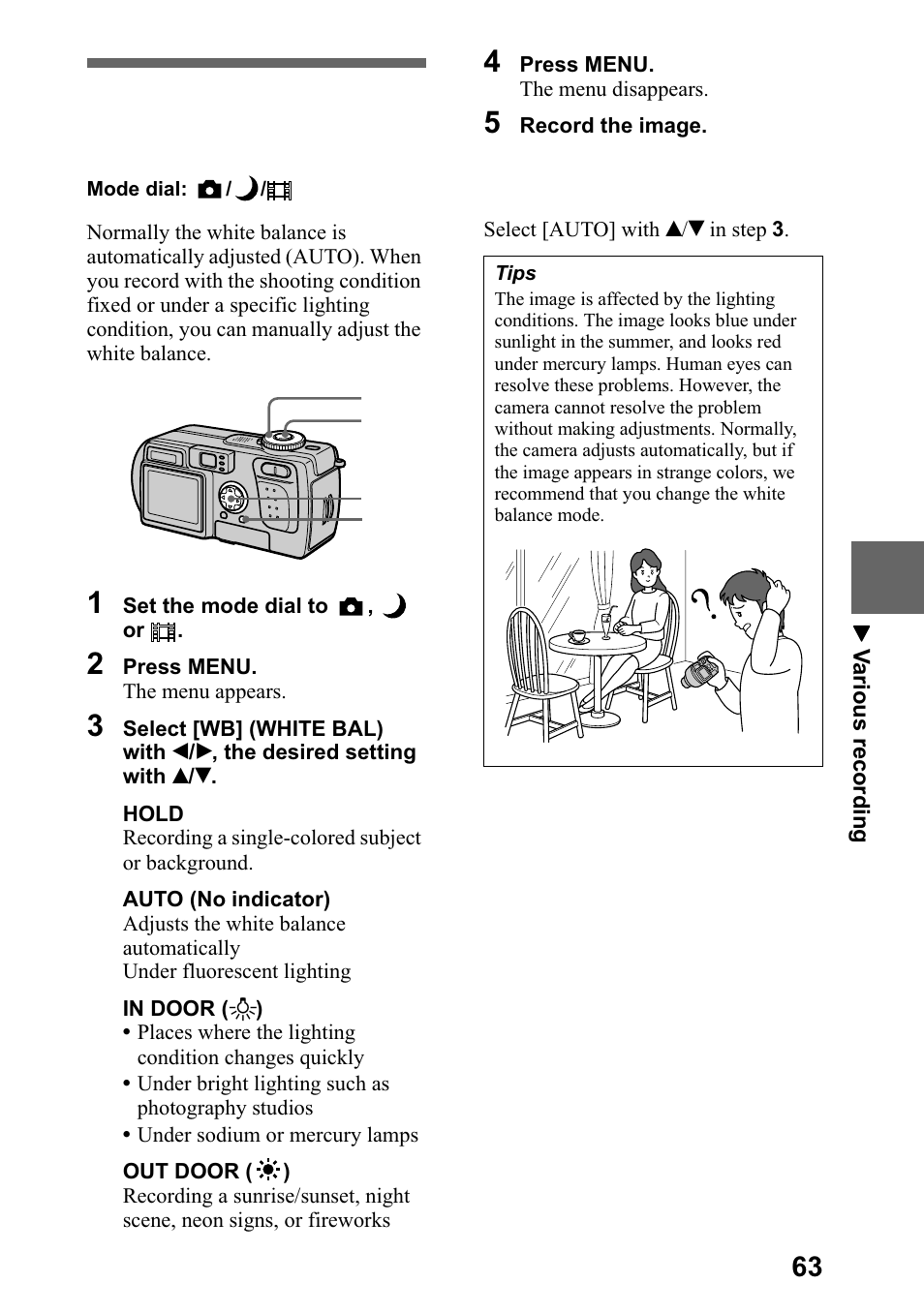 Adjusting the white balance (white balance), Gmxvwlqj wkh zklwh edodqfh, Sdjh | Sony DSC-P5 User Manual | Page 63 / 100
