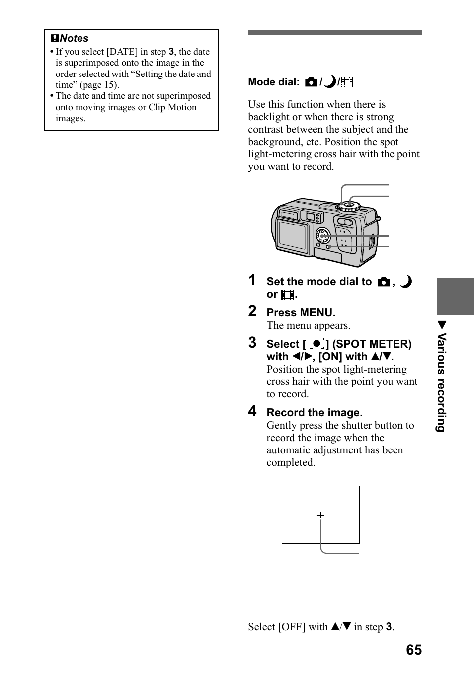 Using the spot light- metering function, 8vlqj wkh vsrw oljkwphwhulqj, Ixqfwlrq | Sdjh | Sony DSC-P5 User Manual | Page 65 / 100