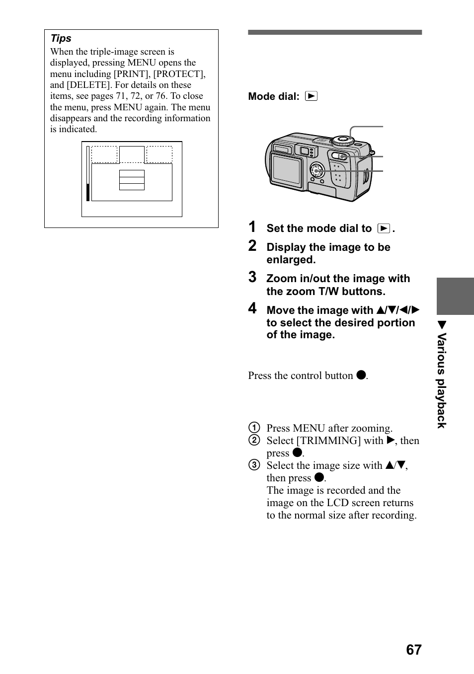 Qodujlqj d sduw ri d vwloo lpdjh, Rrp dqg wulpplqj, Sod\edfn | Sony DSC-P5 User Manual | Page 67 / 100