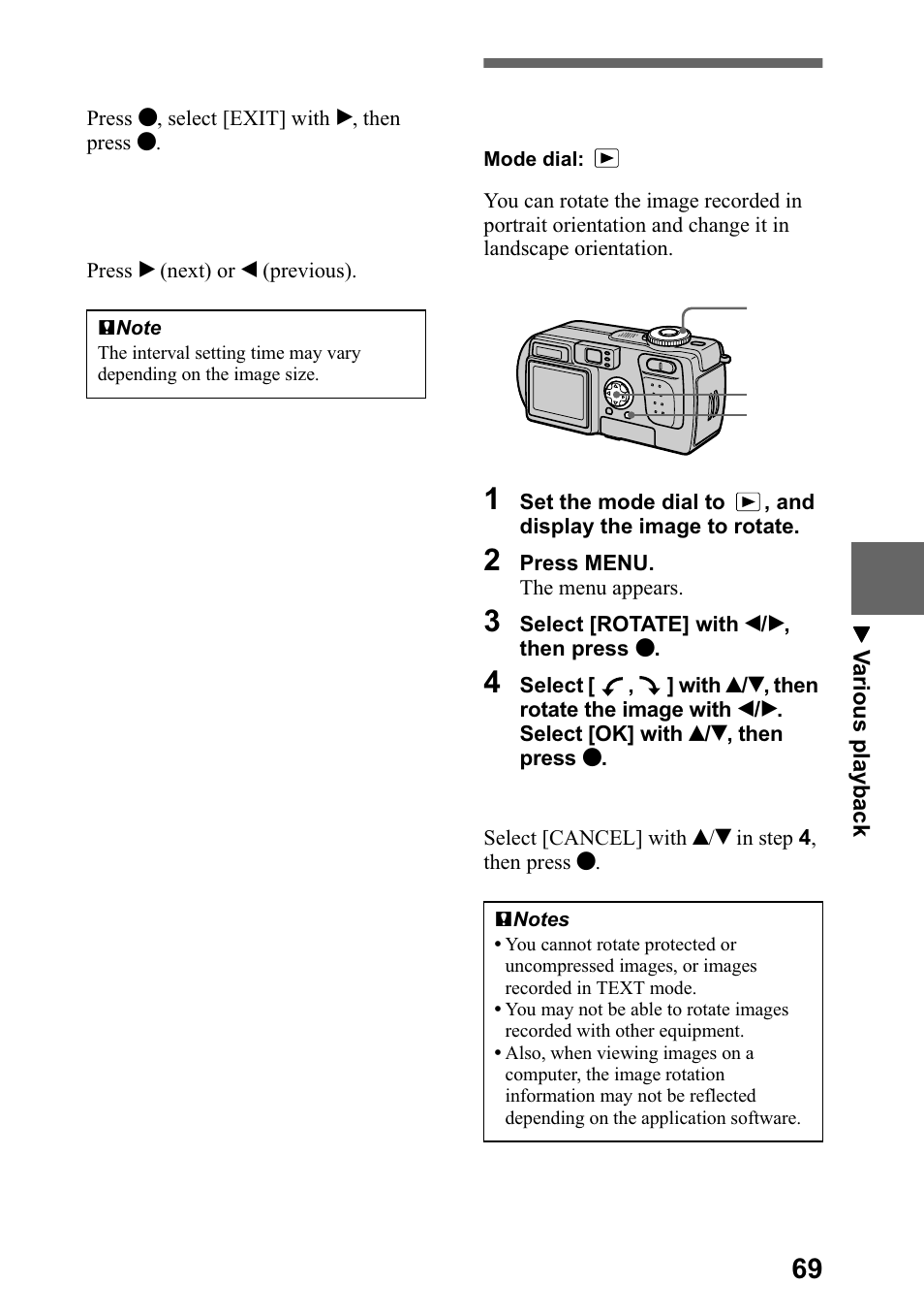 Rotating a still image (rotate), 5rwdwlqj d vwloo lpdjh 527$7, Sdjh | Sony DSC-P5 User Manual | Page 69 / 100